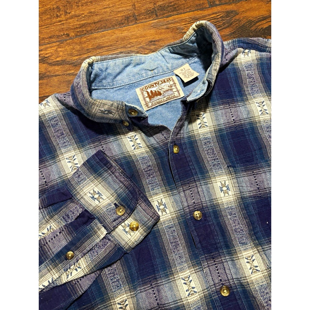 Vtg County Seat Men's L Blue White Plaid Flannel Long Sleeve Button-Down Shirt